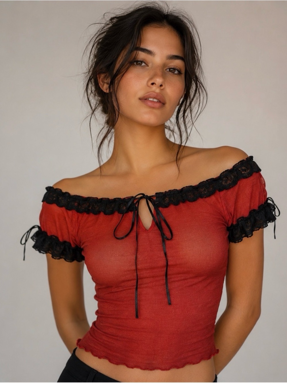 VTG Y2K Mesh Top Off Shoulder Red Black Lace Bows Whimsigoth Dark Feminine XS/S